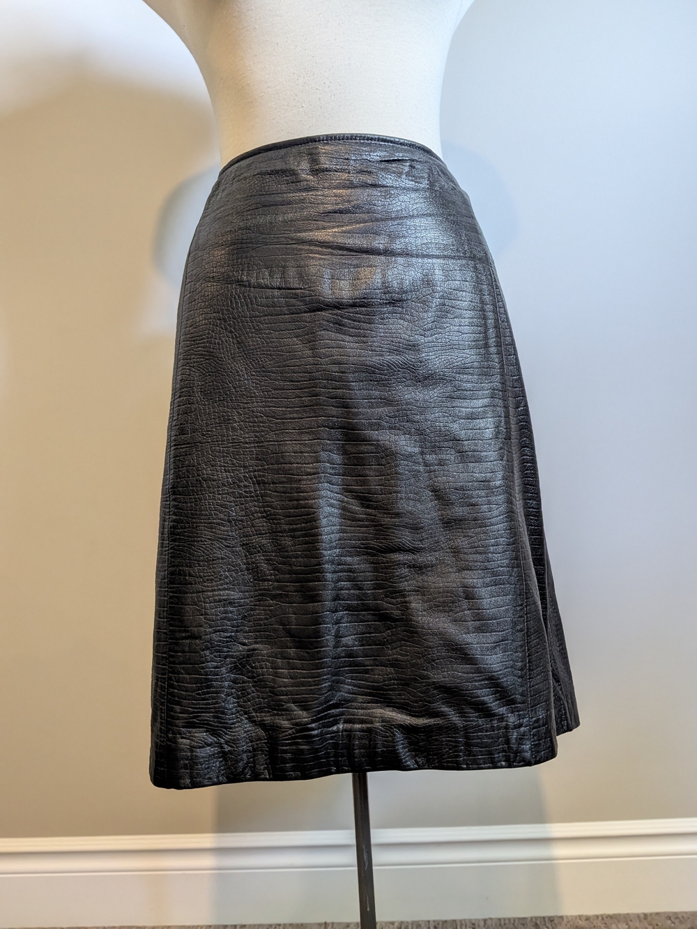 Black 100% Leather Midi Skirt Embossed Ralph Lauren